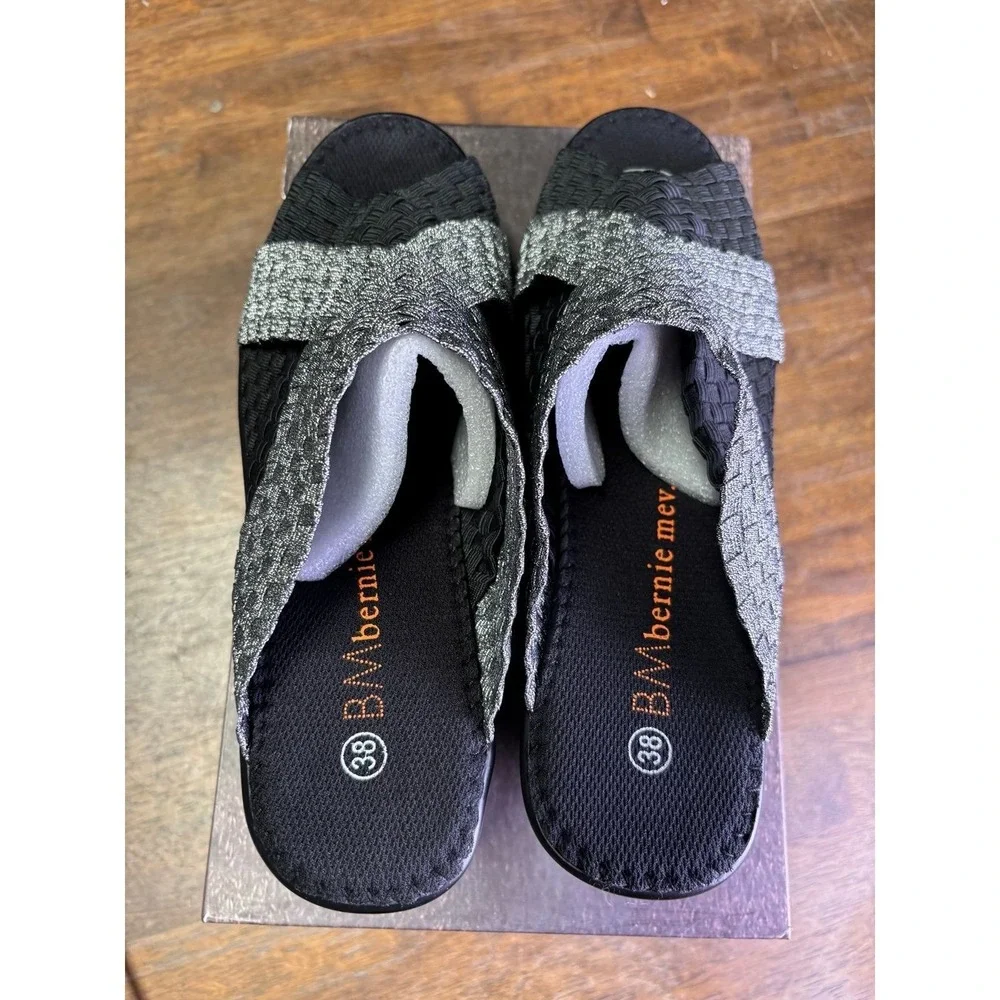 Bernie Mev Bernadette Black Pewter Woven Wedge Sandals Size 38 US 7.5-8